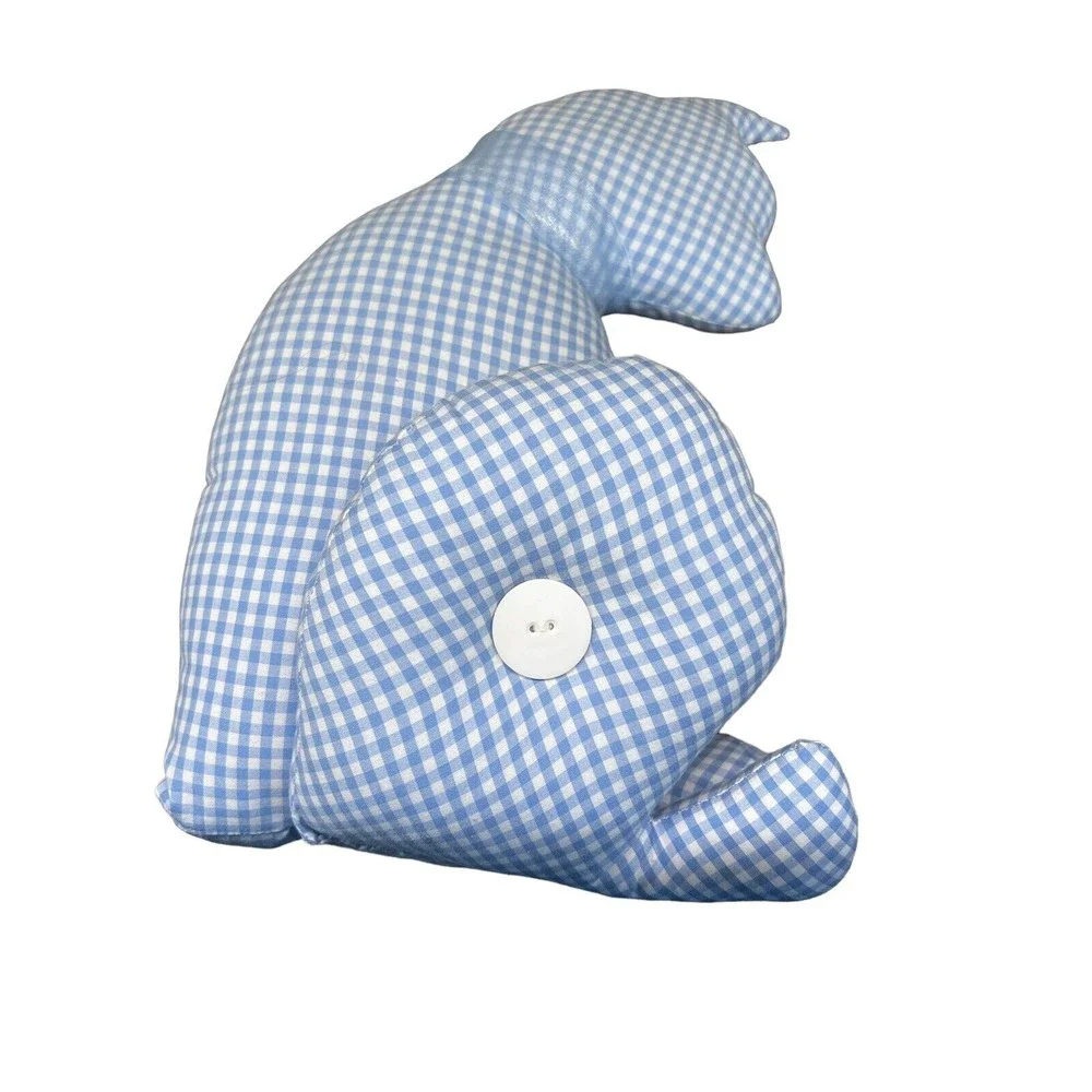 Handcrafted Stuffed Cat Pillow Baby Blue‎ Gingham Fabric Neck Bow Button - Picture 2 of 6